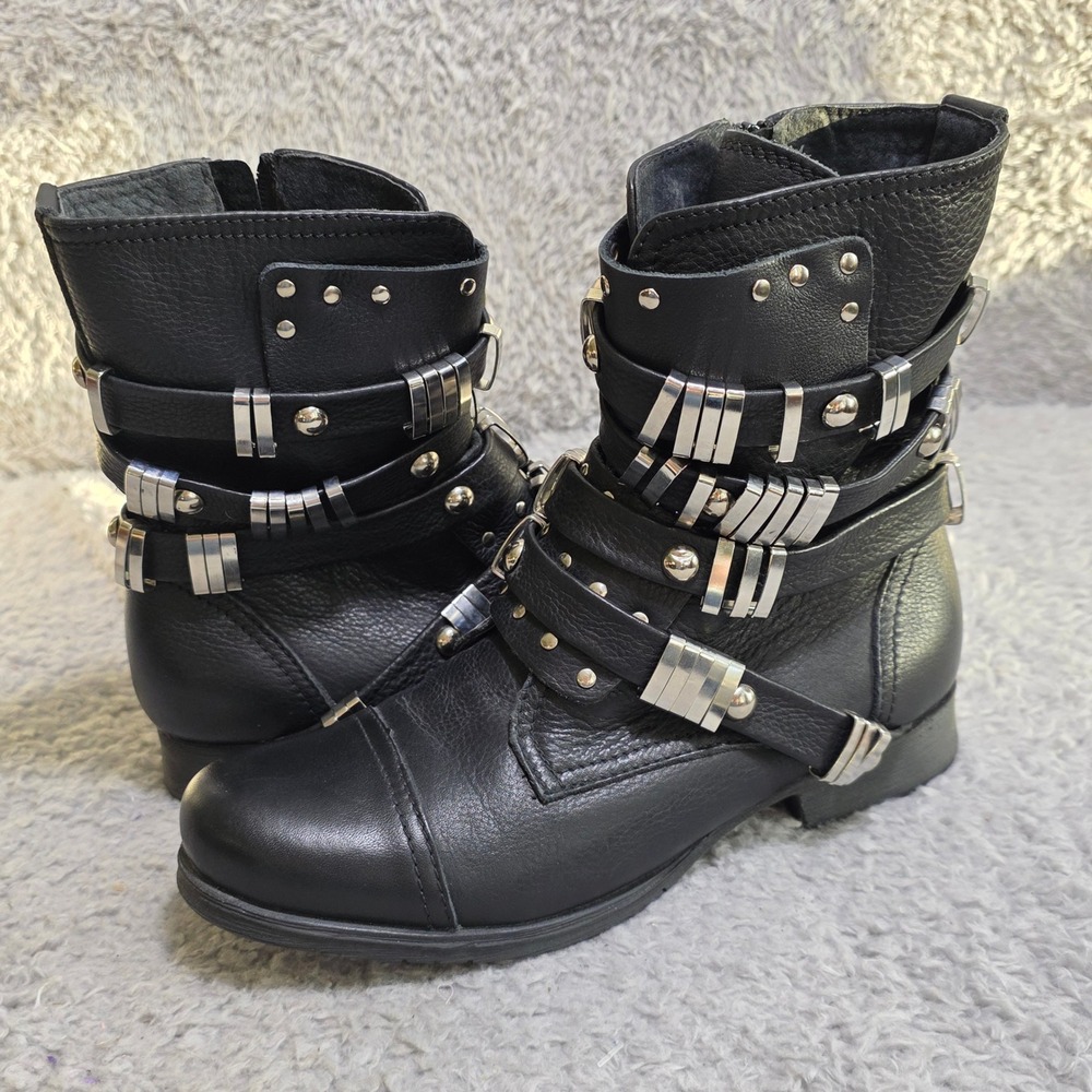Black Studded Strap Ankle Boots - Women - Picture 1 of 13